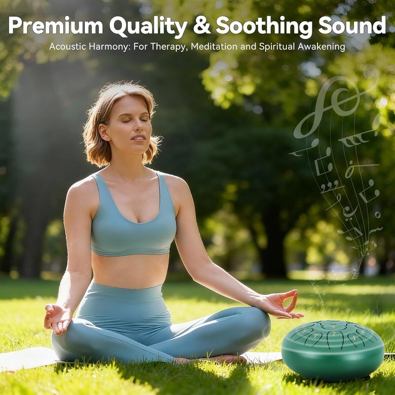 RANMING 6 Inch Steel Tongue Drum 11Note C Key Tongue Drum Kids & Adult Handpan with Gig Bag Music Book Mallets Finger Loops Mallets Stand Highlight Stickers for Meditation,Yoga & Camping Green - Image 2